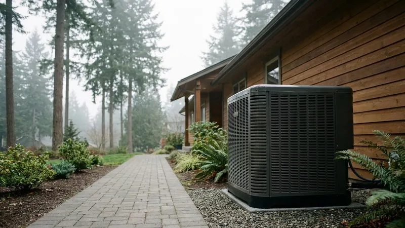 A modern outdoor heat pump condenser installed beside a Pacific Northwest home, surrounded by evergreen trees on an overcast day.